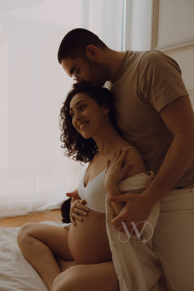 Pregnancy, underwear and studio women with smile, happy and excited for  baby, stomach growth or mot Stock Photo by YuriArcursPeopleimages